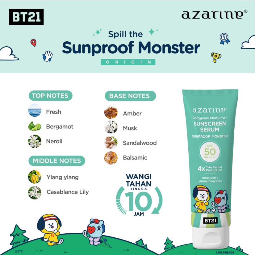 Azarine x BT21 Body Guard Moisturizer Sunscreen Serum SPF50 PA++++ 100ml - Sunproof Monster (Tosca) *