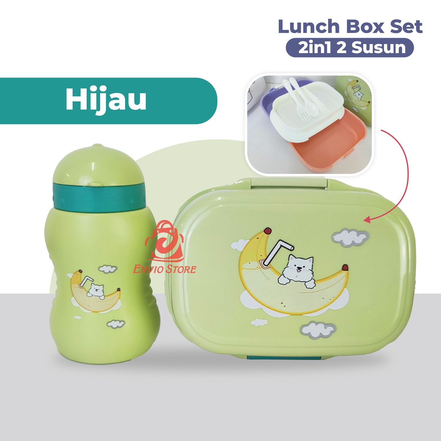 Lunch Box Set 2in1 2 Susun Motif - Wadah Bekal + Botol Minum (TJ10)