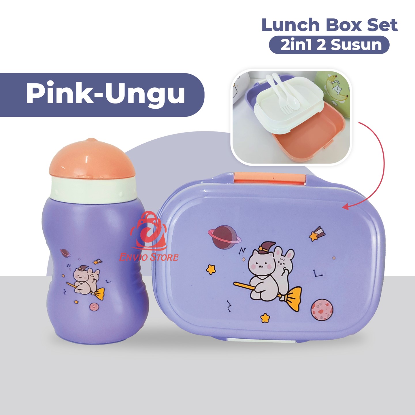 Lunch Box Set 2in1 2 Susun Motif - Wadah Bekal + Botol Minum (TJ10)
