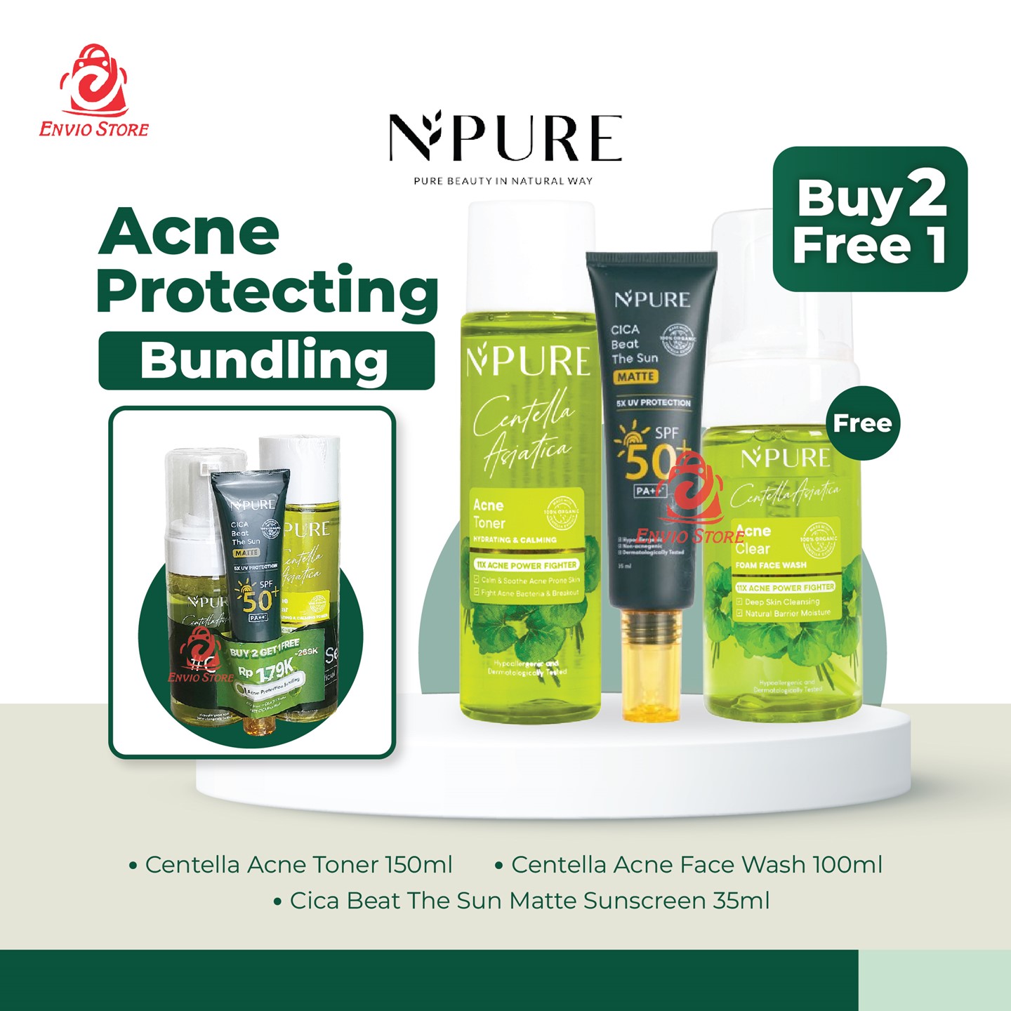 Npure Acne Protecting Bundling - Centella Acne Toner, Centella Acne Face Wash, Cica Beat The Sun Matte Sunscreen (Buy 2 Free 1)