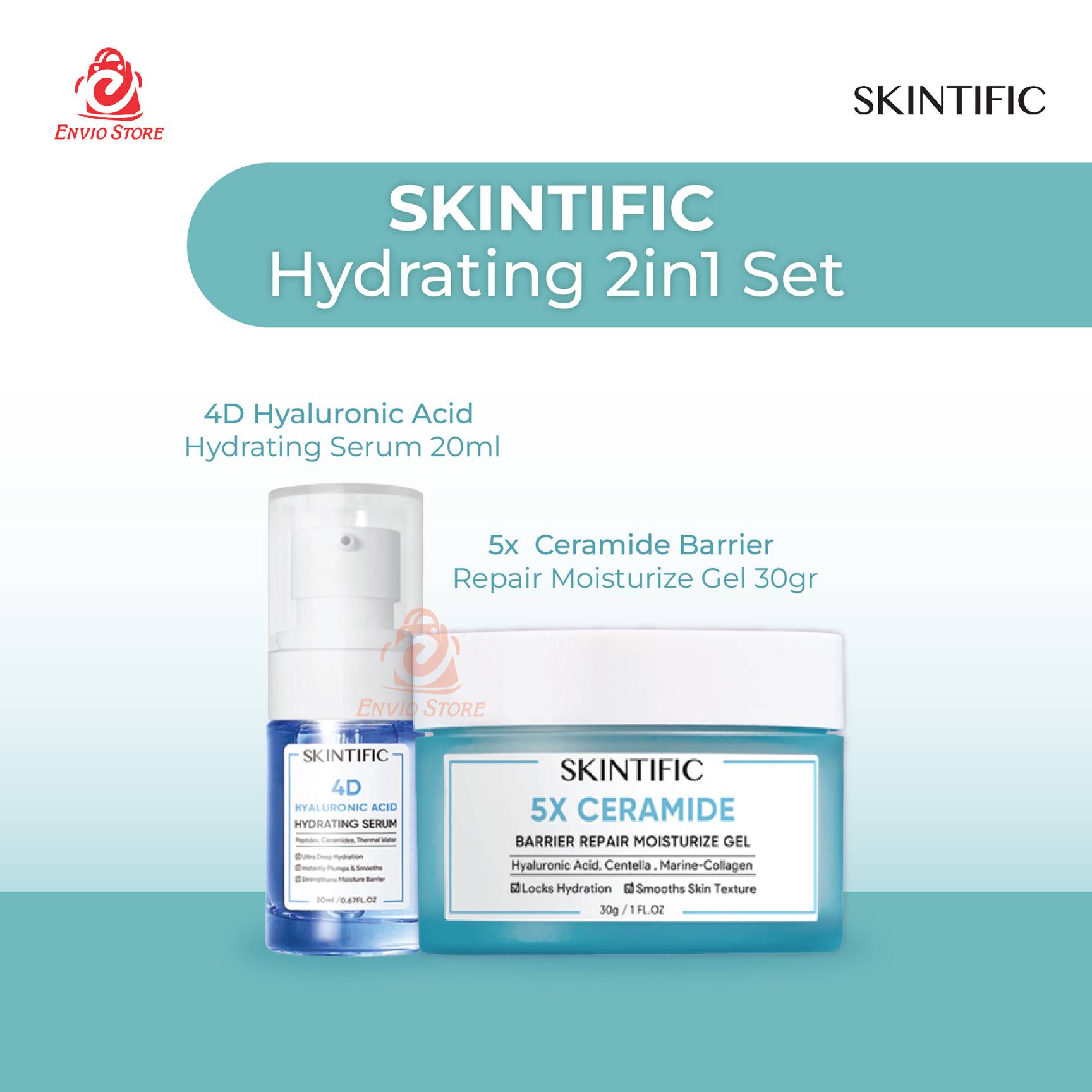 (PAKET) Skintific Hydrating 2in1 Set - 4D Hyaluronic Acid Hydrating Serum 20ml + 5x Ceramide Barrier Repair Moisturizer Gel 30gr