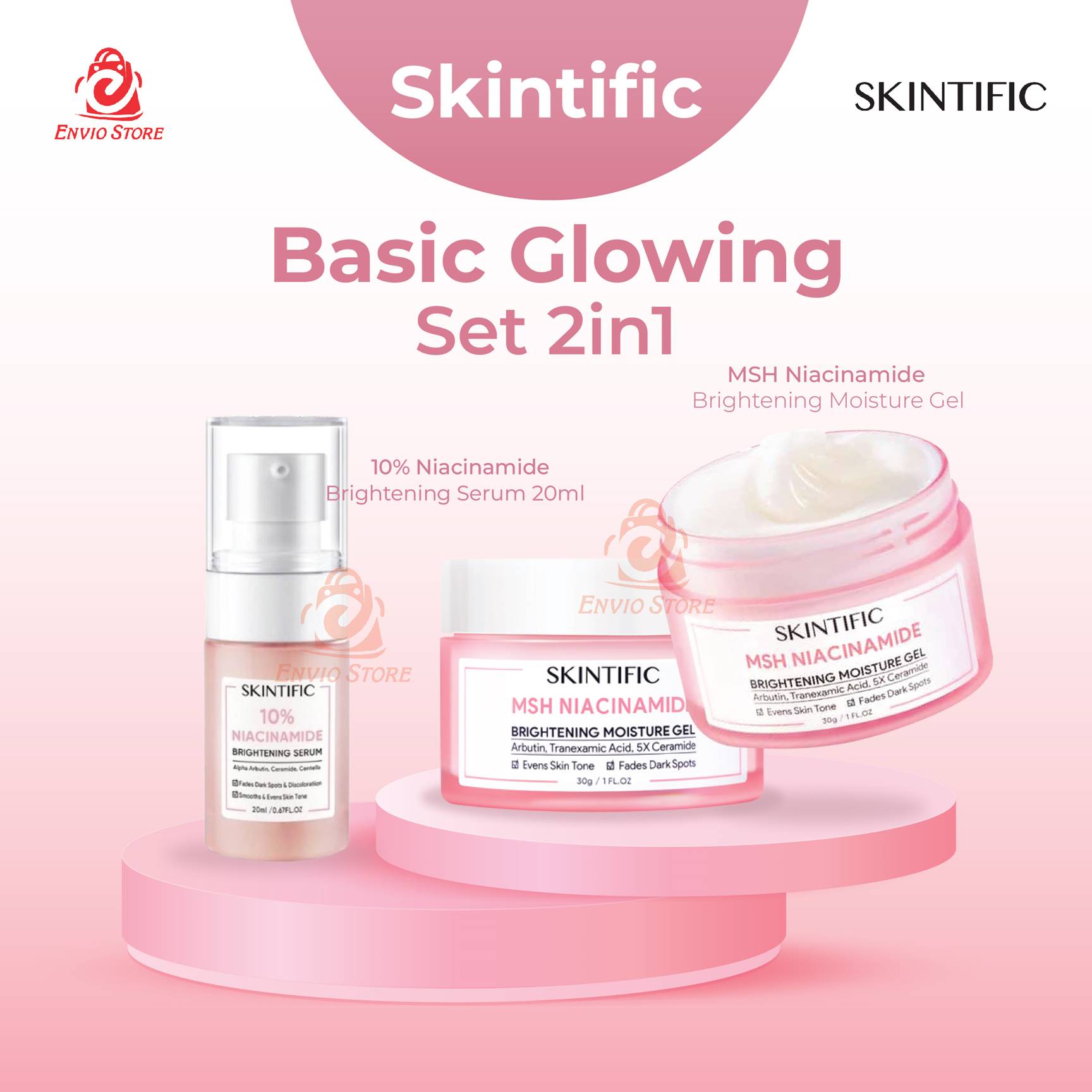 (PAKET) Skintific Basic Glowing Set 2in1 - 10% Niacinamide Serum 20ml + MSH Niacinamide Moisture Gel 30gr