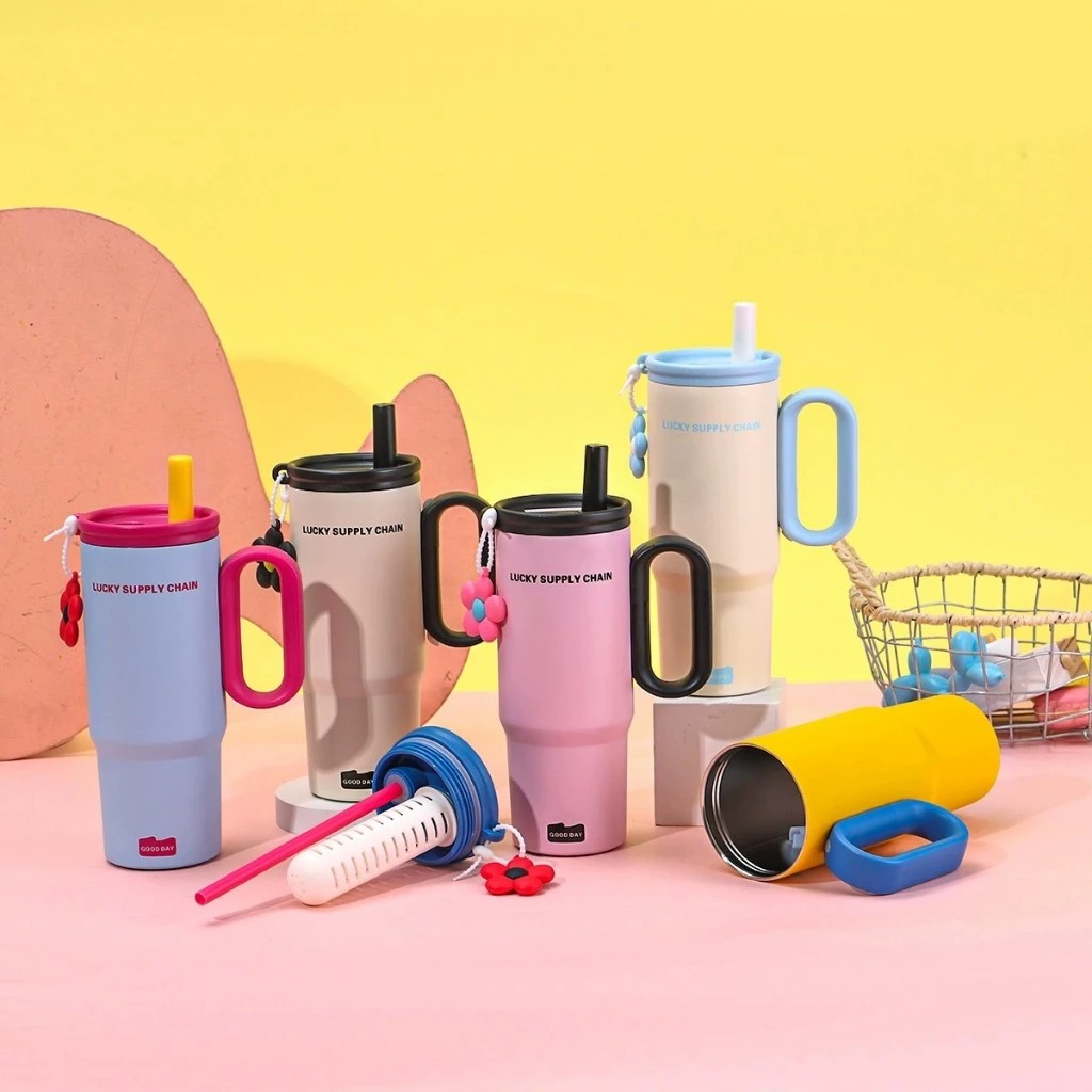 Tumbler Mug Stainless Steel Jumbo 750ml (HN2262) - PUTIH BIRU (Free Sedotan + BPA Free)