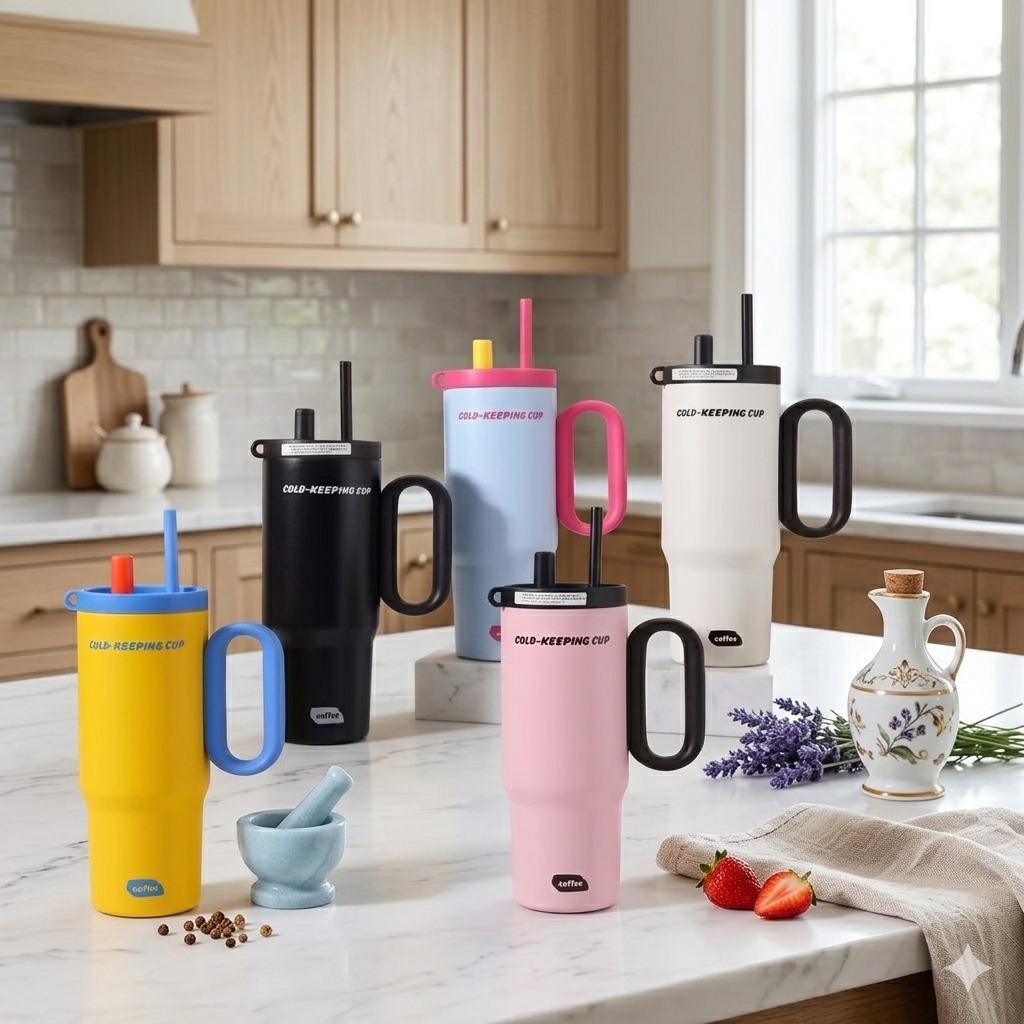 Tumbler Mug Stainless Steel Jumbo 750ml (HN2262) - PUTIH BIRU (Free Sedotan + BPA Free)