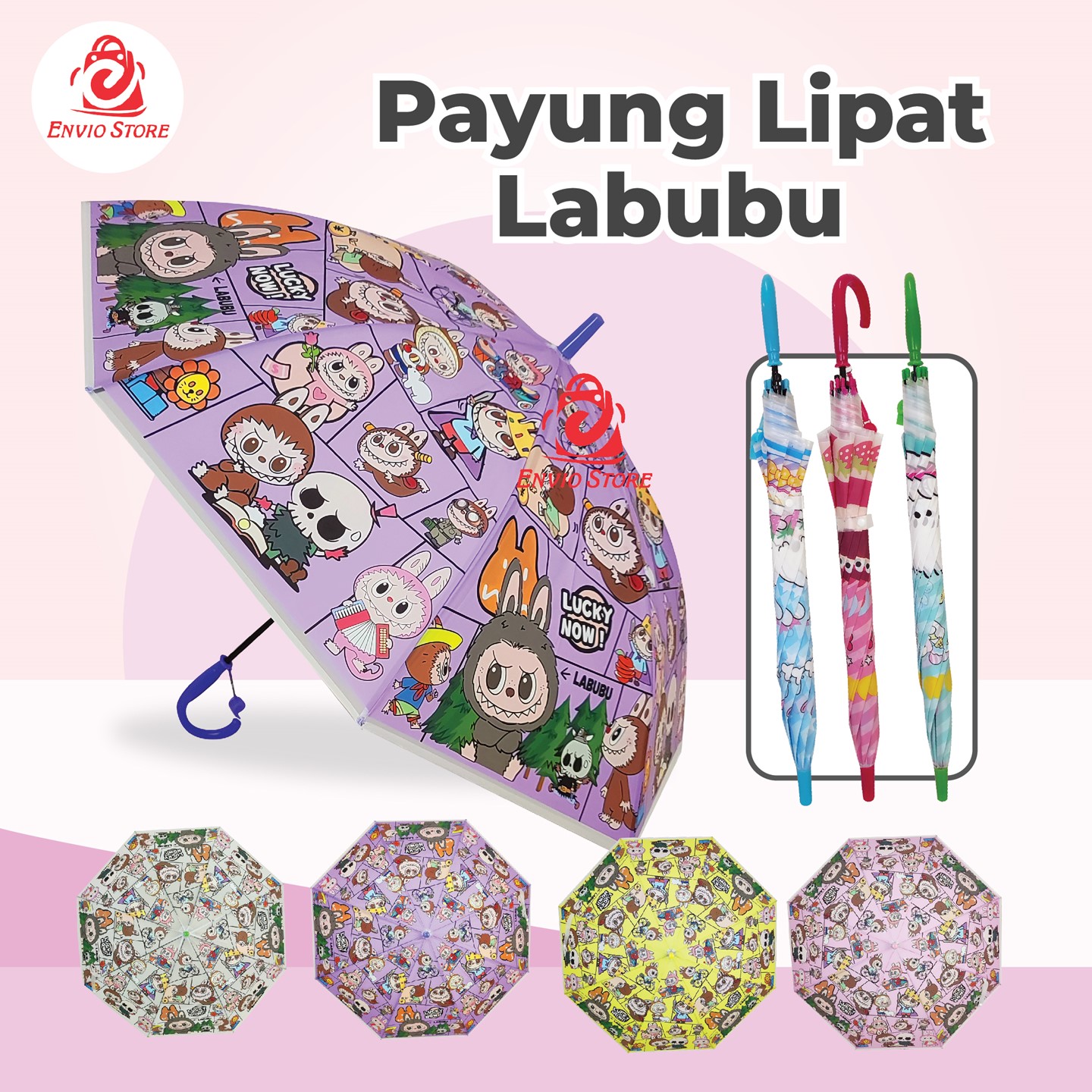 Payung Lipat Labubu Series (411-2) - Payung Gagang Anak & Dewasa