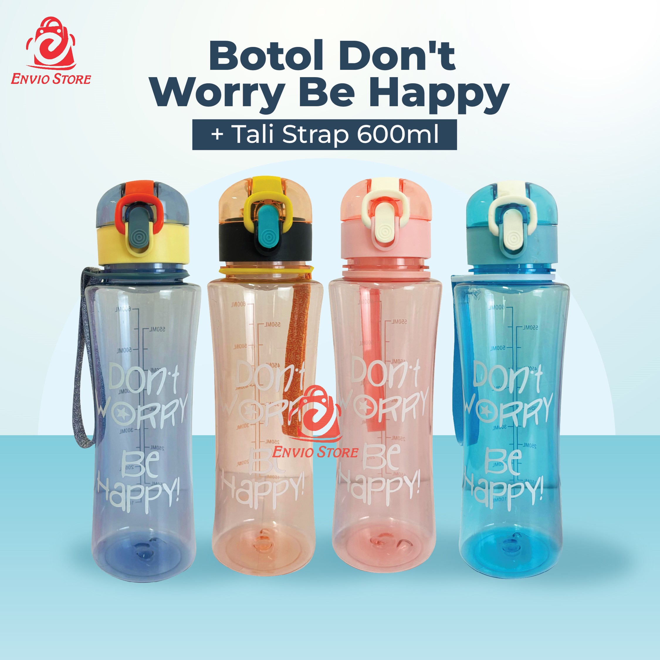Botol Don't Worry Be Happy 600ml - PINK (Botol Air Minum Dengan Penutup Kancing + Tali Strap) (BZ 288)