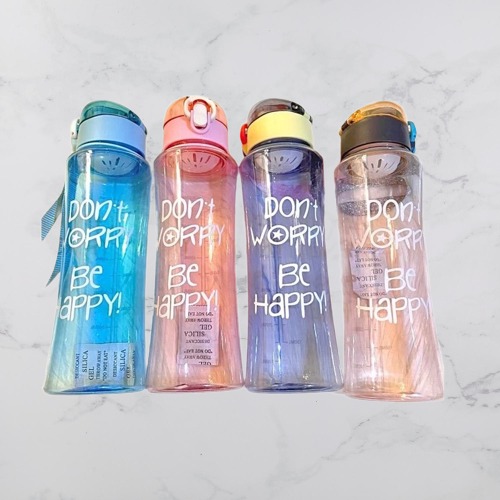 Botol Don't Worry Be Happy 600ml - PINK (Botol Air Minum Dengan Penutup Kancing + Tali Strap) (BZ 288)