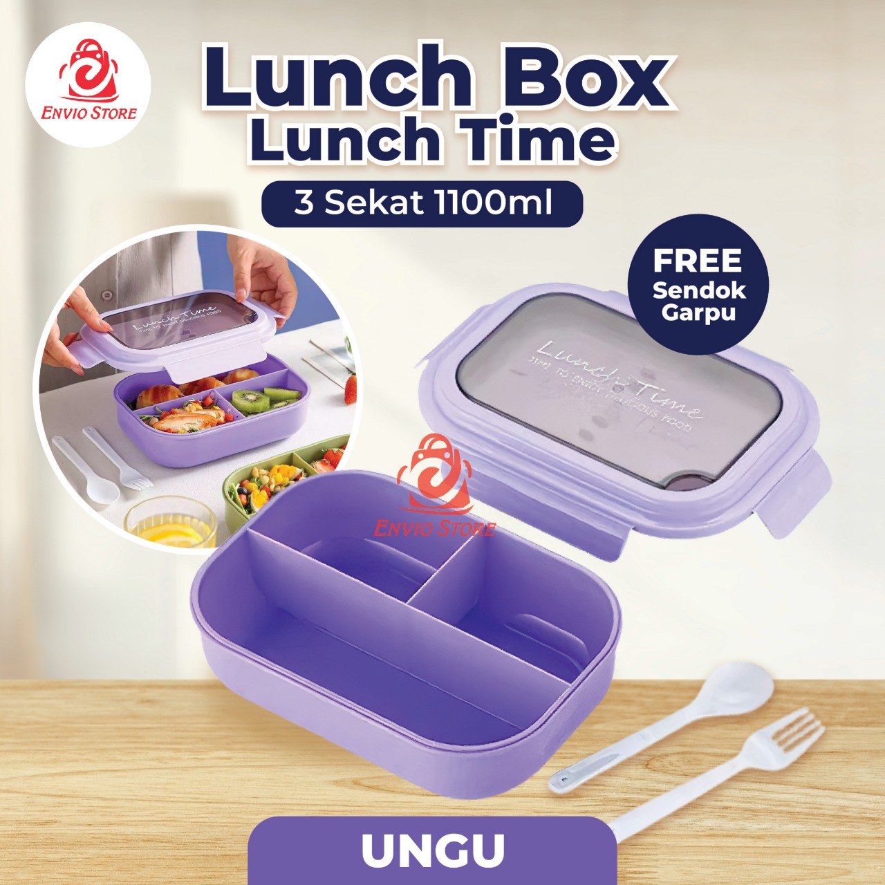 Lunch Box Lunch Time 3 Sekat 1100ml (Free Sendok Garpu) - Kotak Makan Bekal (5540)