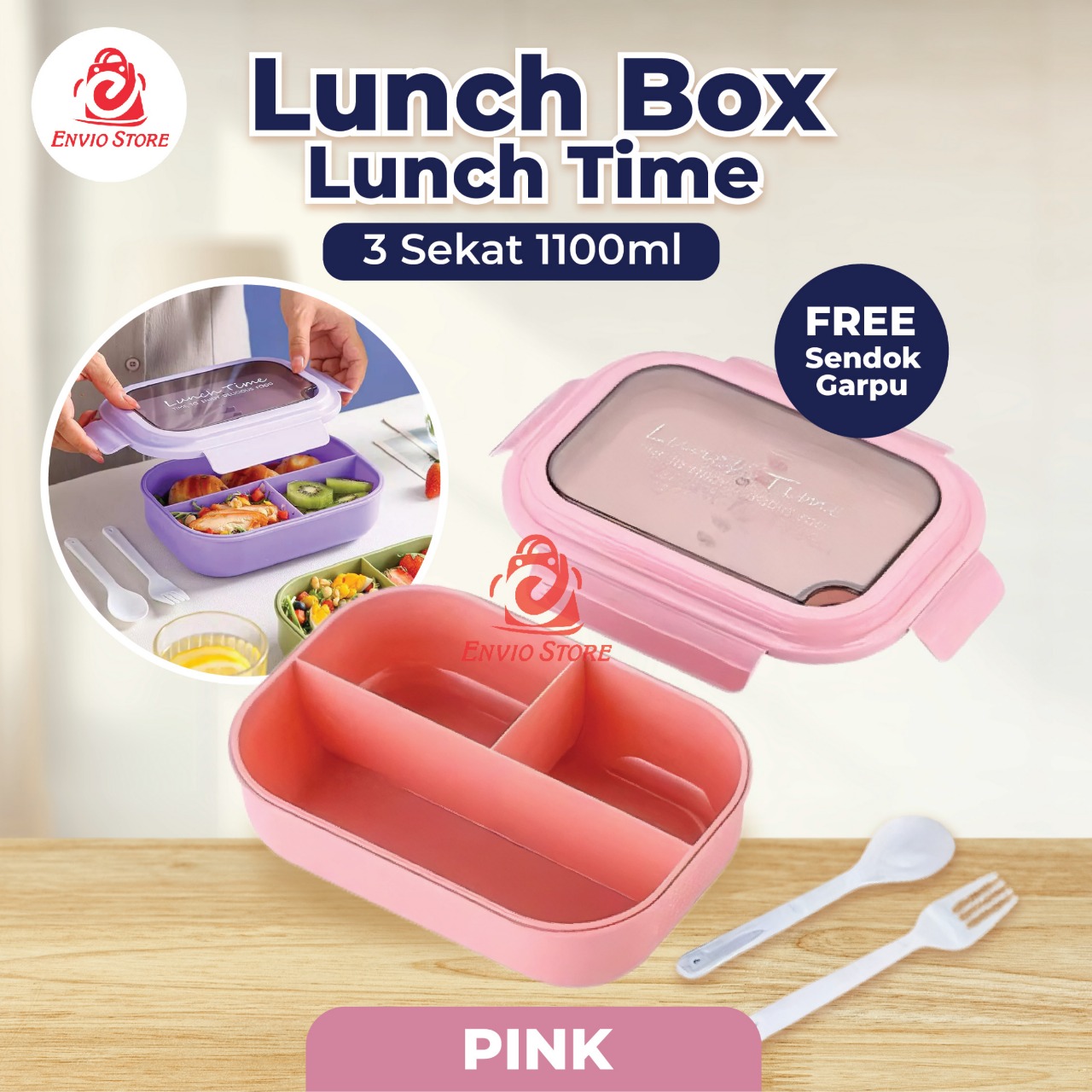 Lunch Box Lunch Time 3 Sekat 1100ml (Free Sendok Garpu) - Kotak Makan Bekal (5540)