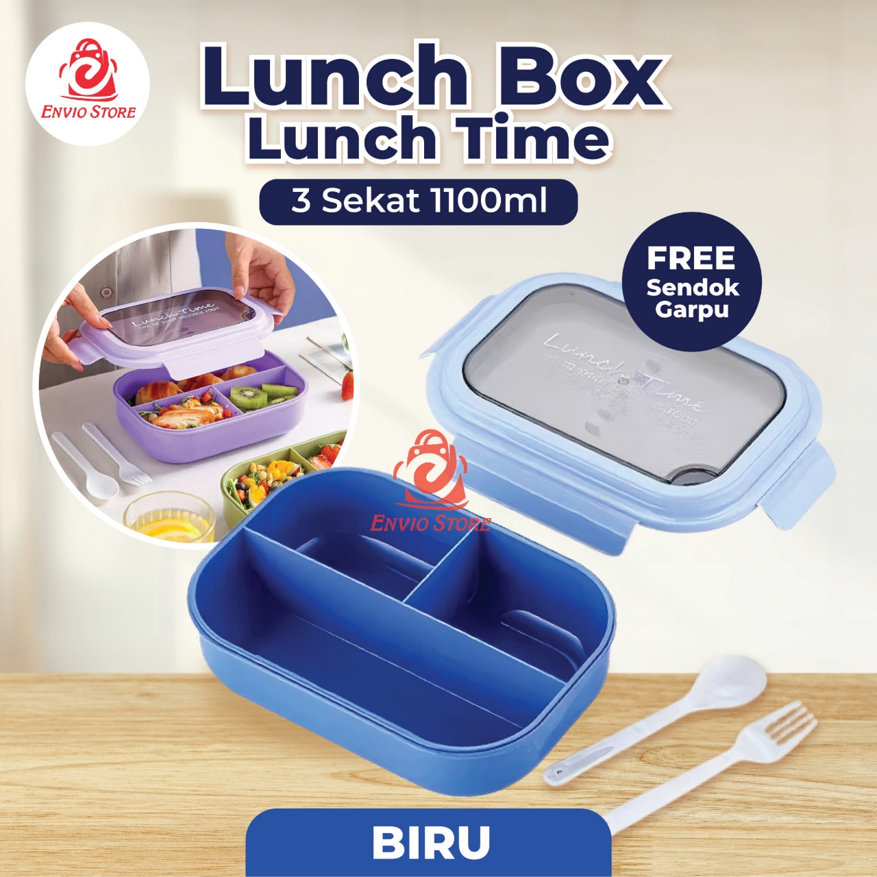 Lunch Box Lunch Time 3 Sekat 1100ml (Free Sendok Garpu) - Kotak Makan Bekal (5540)