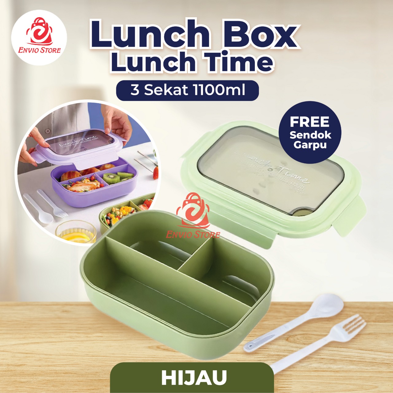 Lunch Box Lunch Time 3 Sekat 1100ml (Free Sendok Garpu) - Kotak Makan Bekal (5540)