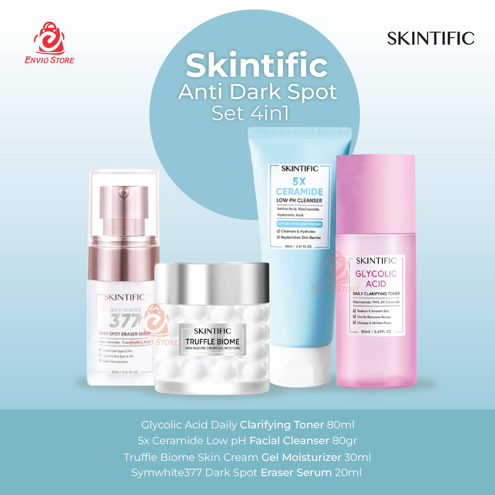 (PAKET) Skintific Anti Dark Spot Set 4in1 - Facial Cleanser / Glycolic Acid Toner / Truffle Biome Moisturizer / Symwhite377 Dark Spot Serum