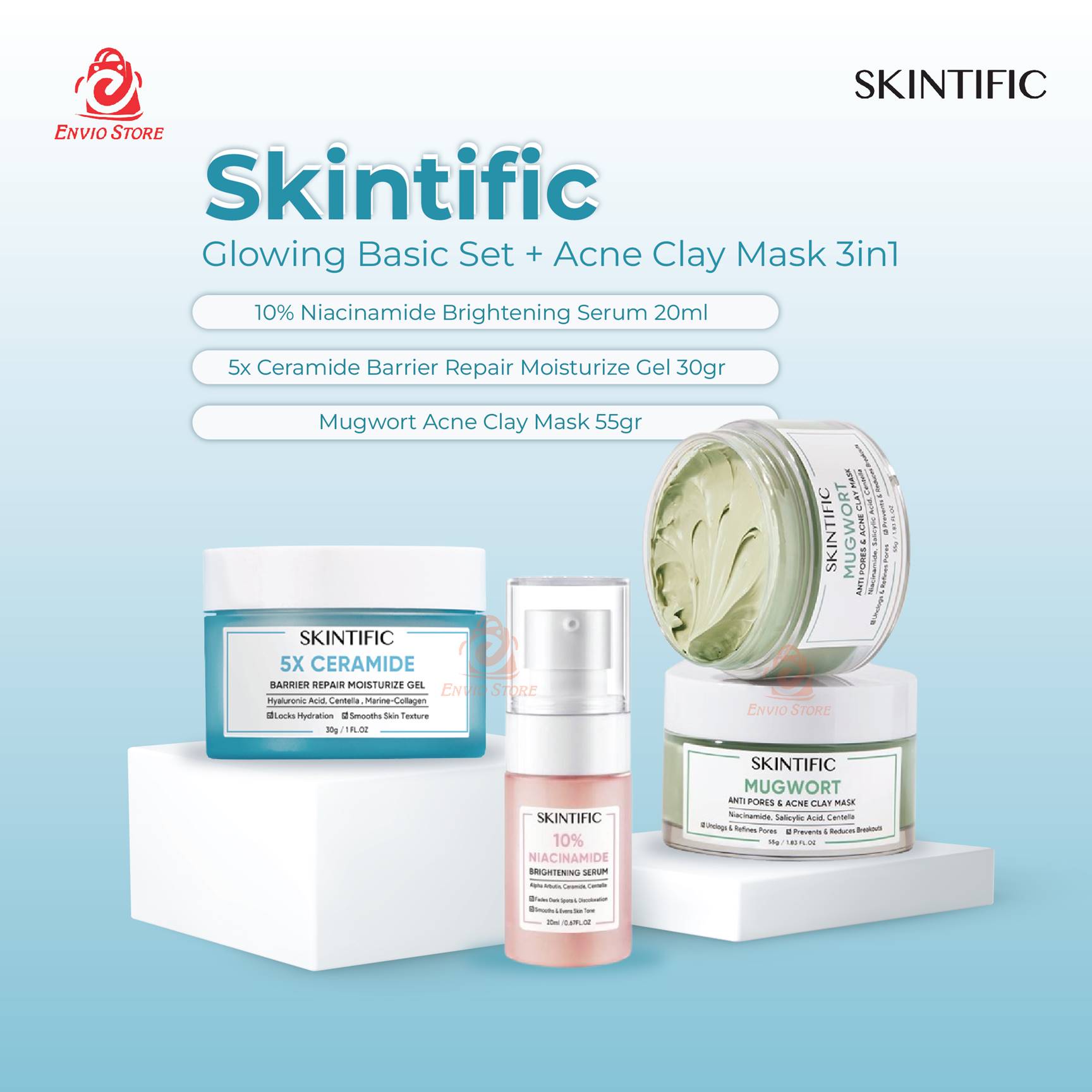 (PAKET) Skintific Glowing Basic Set + Acne Clay Mask 3in1 - 10% Niacinamide Serum / Ceramide Moisturizer Gel / Mugwort Acne Clay Mask