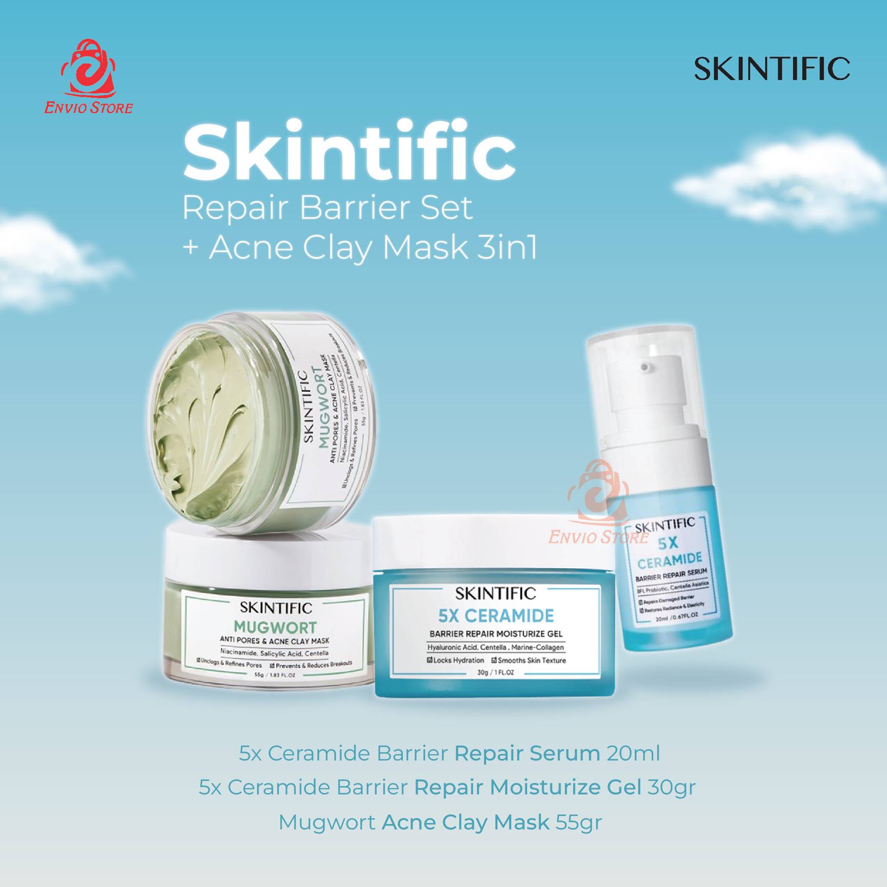 (PAKET) Skintific Repair Barrier Set + Acne Clay mask 3in1 - Ceramide Barrier Serum / Ceramide Barrier Moisturizer Gel / Mugwort Acne Clay Mask