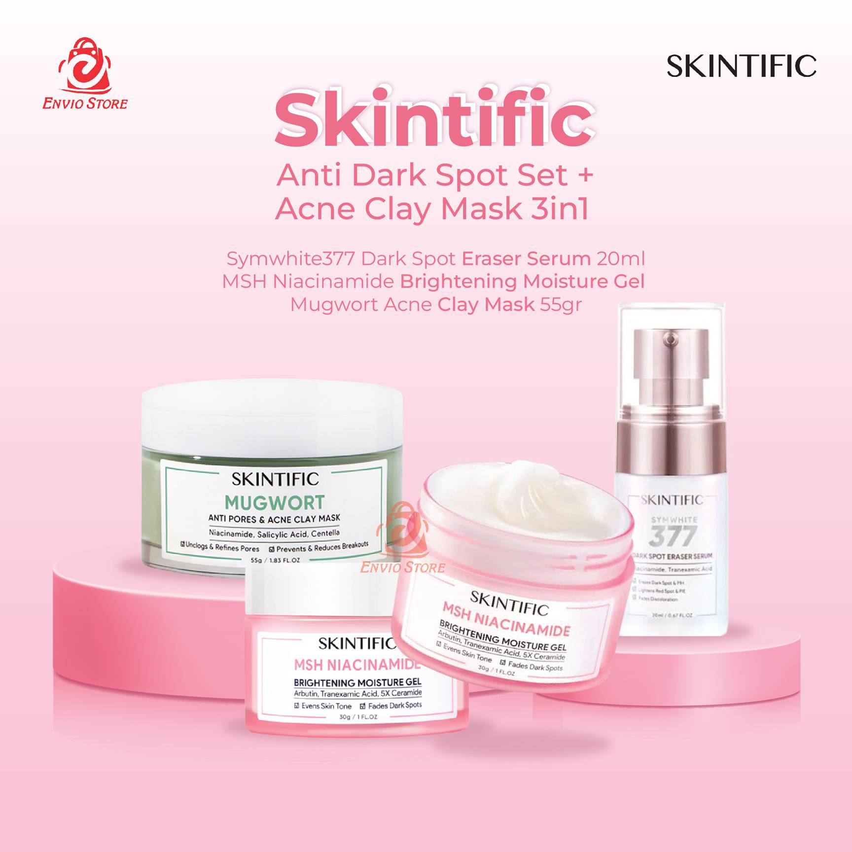 (PAKET) Skintific Anti Dark Spot Set + Acne Clay Mask 3in1 - Symwhite377 Dark Spot Eraser Serum / MSH Niacinamide Moisture Gel  / Mugwort Acne Clay Mask