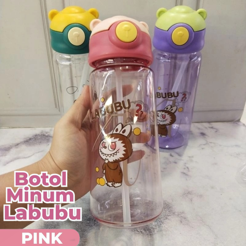 Botol Minum LABUBU MINI 550ml (JB214) - PINK (Botol Minum Anak Lucu + Free Sedotan)