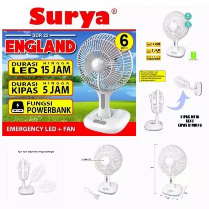 Surya Kipas Angin + Emergency LED - England SDR 22 6inch