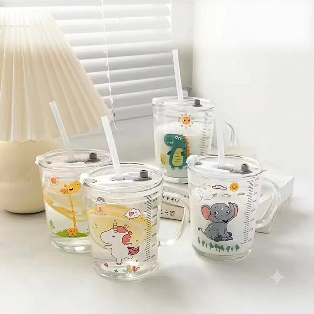 Mug Kaca Motif Karakter + Sedotan 400ml
