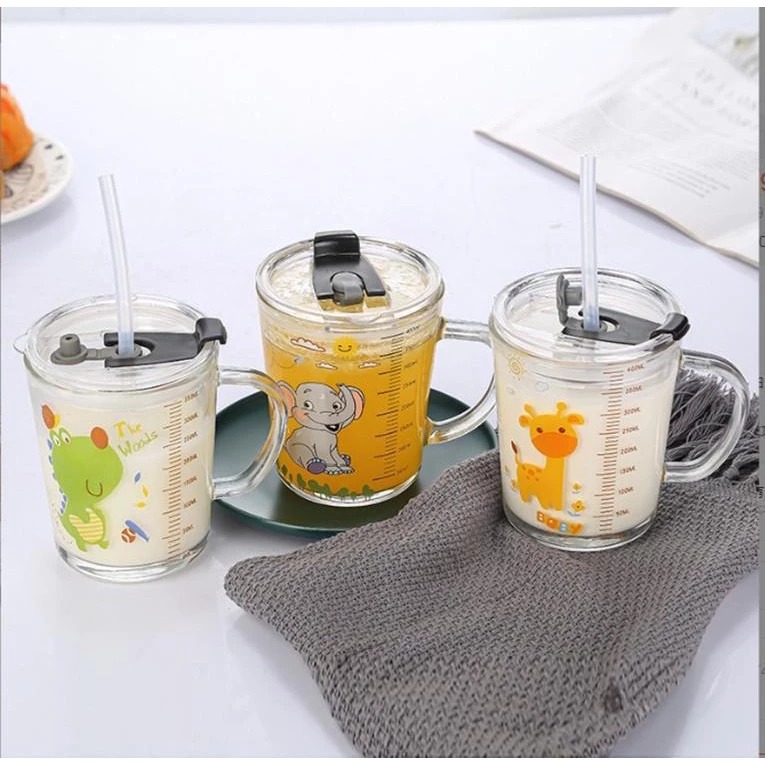 Mug Kaca Motif Karakter + Sedotan 400ml