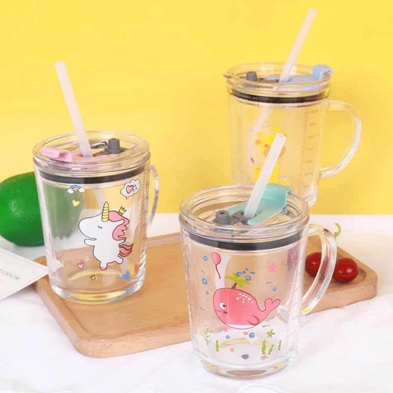 Mug Kaca Motif Karakter + Sedotan 400ml