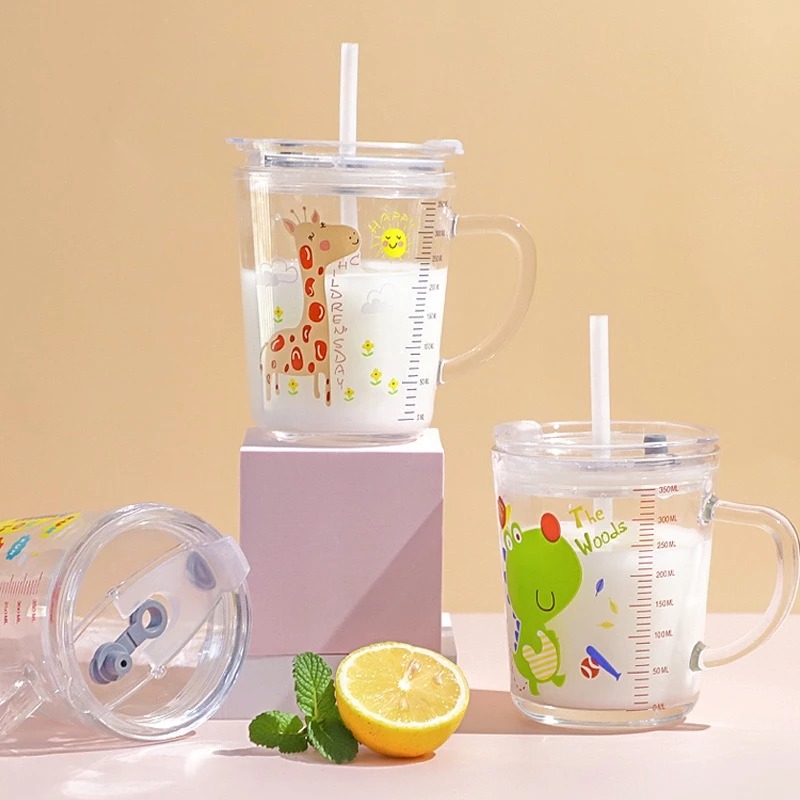 Mug Kaca Motif Karakter + Sedotan 400ml