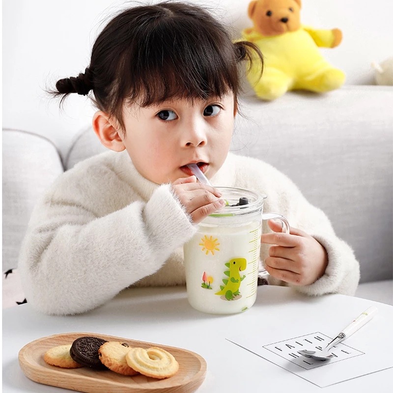 Mug Kaca Motif Karakter + Sedotan 400ml