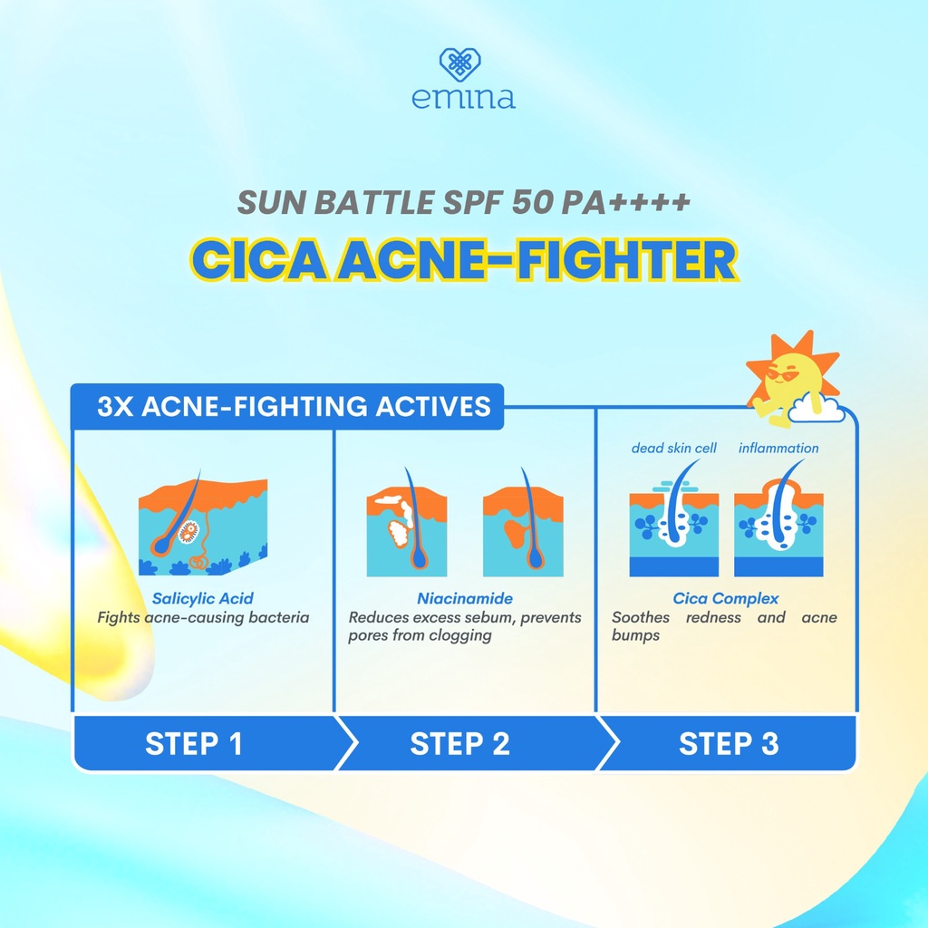 Emina Sun Battle Airy Sun Serum SPF50 PA++++ - Cica Acne Fighter Sunscreen 30ml