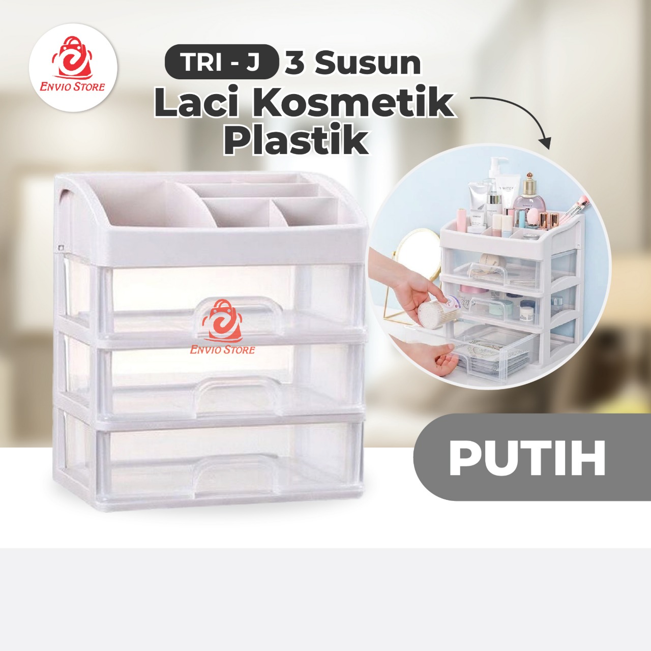 TRI J - (3 Susun) Laci Kosmetik Plastik  - Putih (Rak Kosmetik Makeup Organizer)