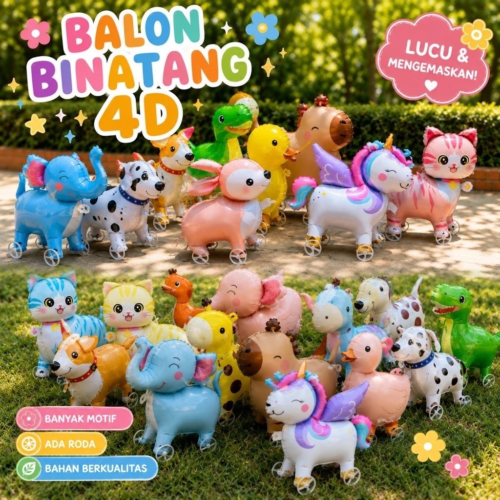 Balon Foil 4D Roda Berjalan Karakter Animal