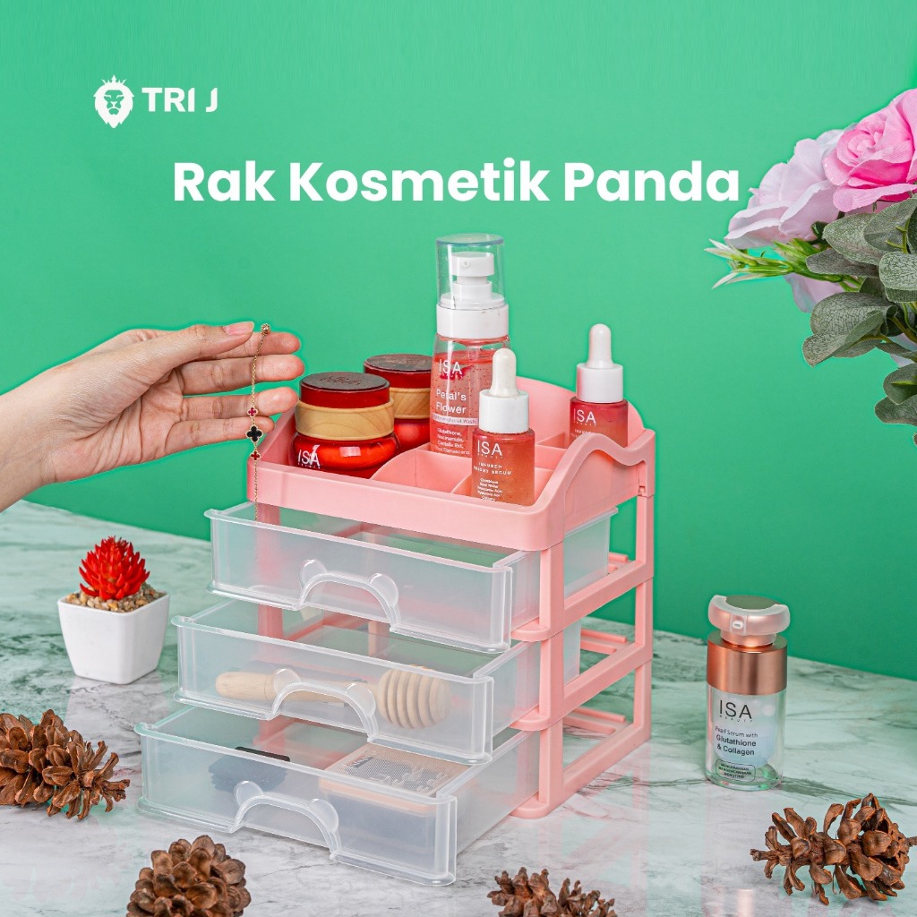 TRI J - Laci 3 Susun PANDA - PINK (Rak Kosmetik Makeup Organizer)