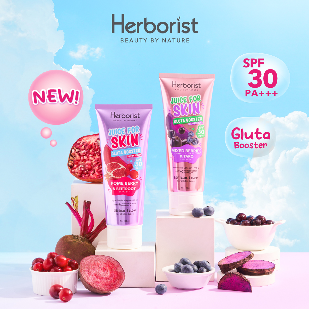 Herborist Juice For Skin Gluta Booster Lotion Serum 180ml - Mixed Berries & Taro
