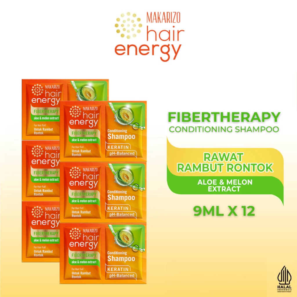 (PAKET ISI 12) Makarizo Hair Energy Conditioning Shampoo Fibertherapy 9ml Sachet - Aloe & Melon (Hijau)