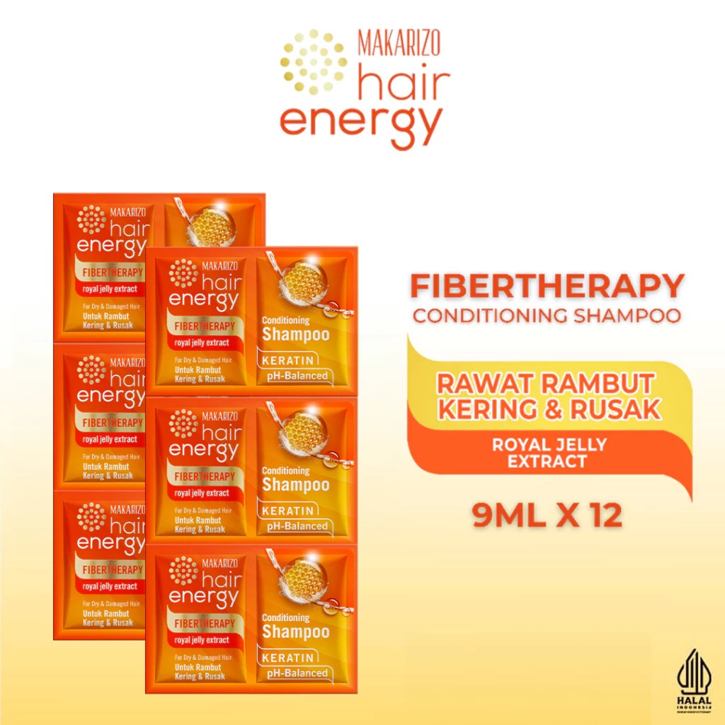 (PAKET ISI 12) Makarizo Hair Energy Conditioning Shampoo Fibertherapy 9ml Sachet - Royal Jelly (Orange)