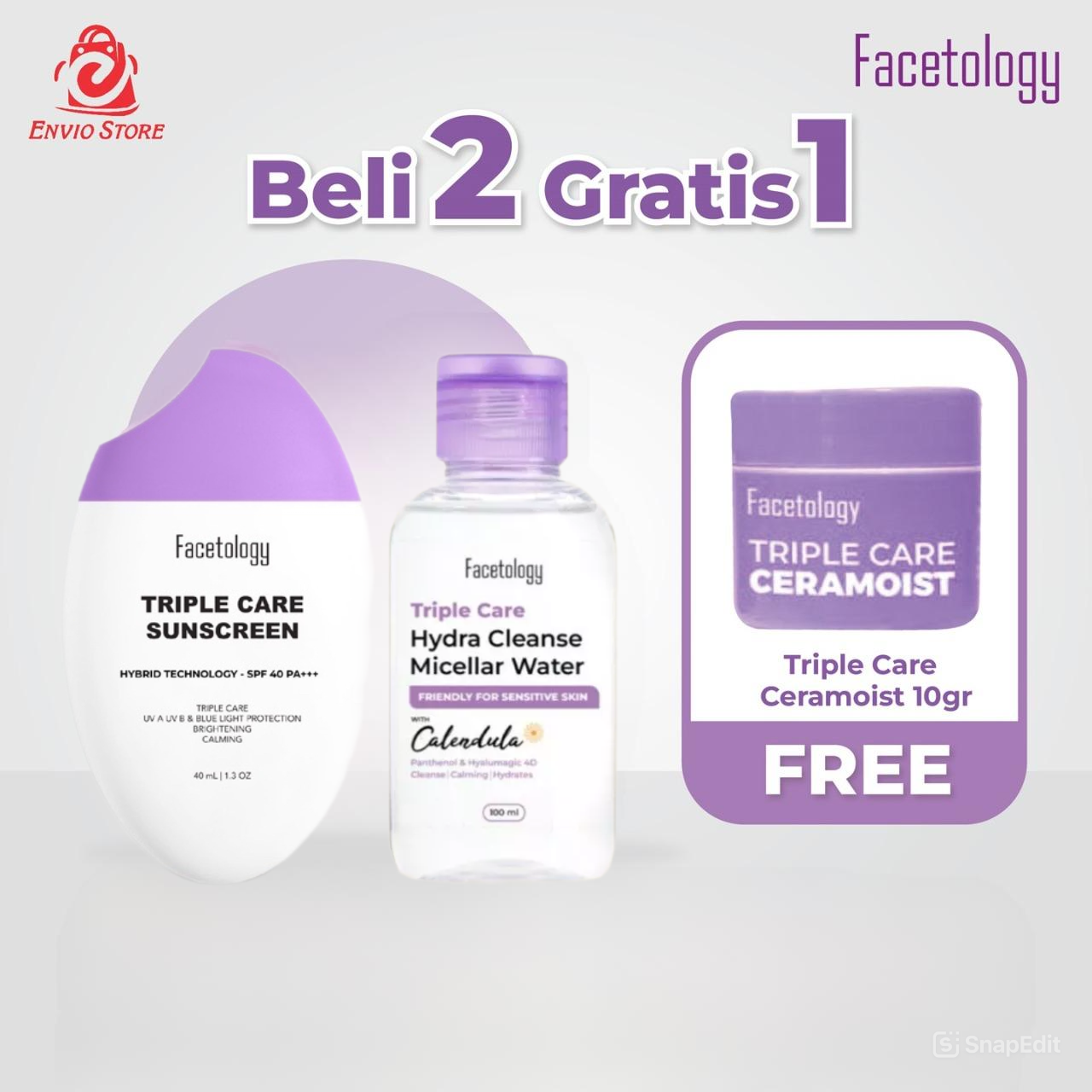 Facetology (Beli 2 Gratis 1) Sunscreen & Micellar Water Hydra 100ml Free Triple Care Ceramoist 10gr