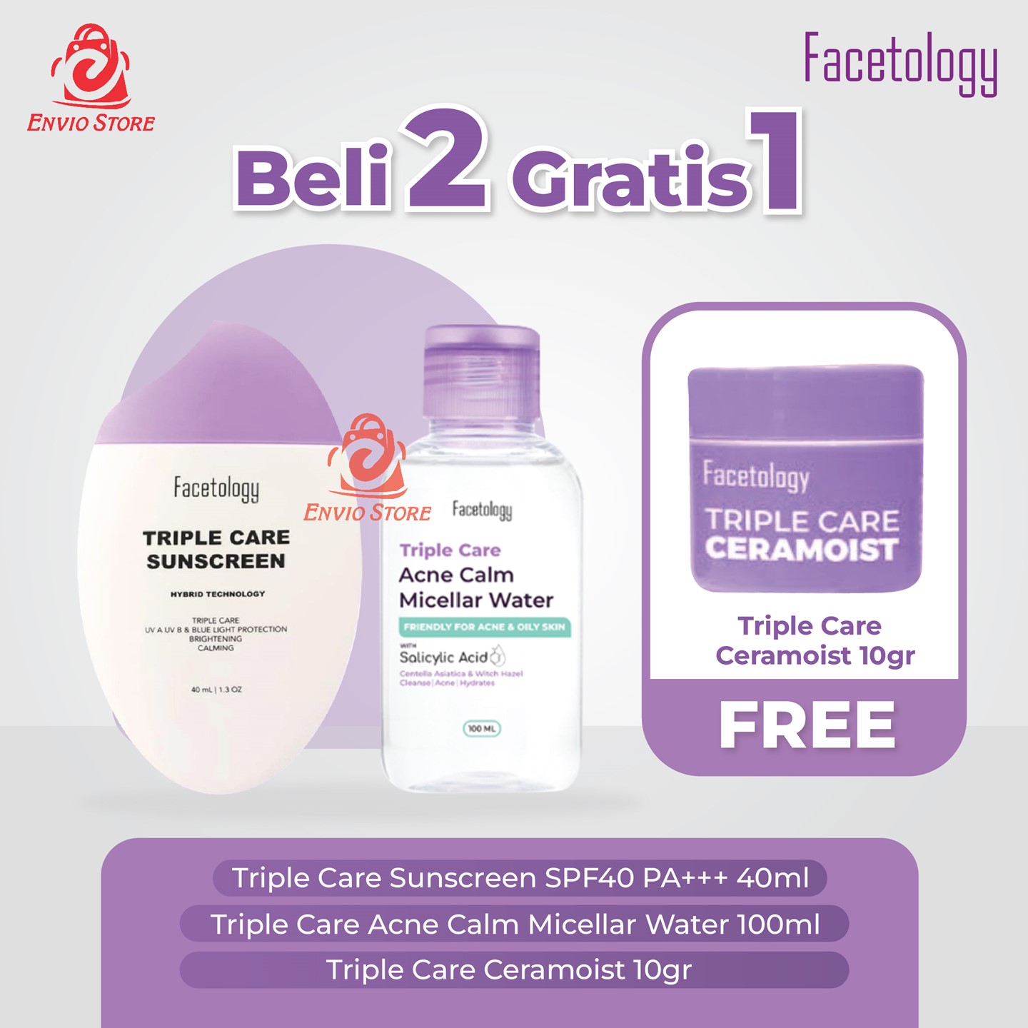 Facetology (Beli 2 Gratis 1) Sunscreen & Micellar Water Acne 100ml Free Triple Care Ceramoist 10gr Facetology (Beli 2 Gratis 1) Sunscreen & Micellar Water Acne 100ml Free Triple Care Ceramoist 10gr