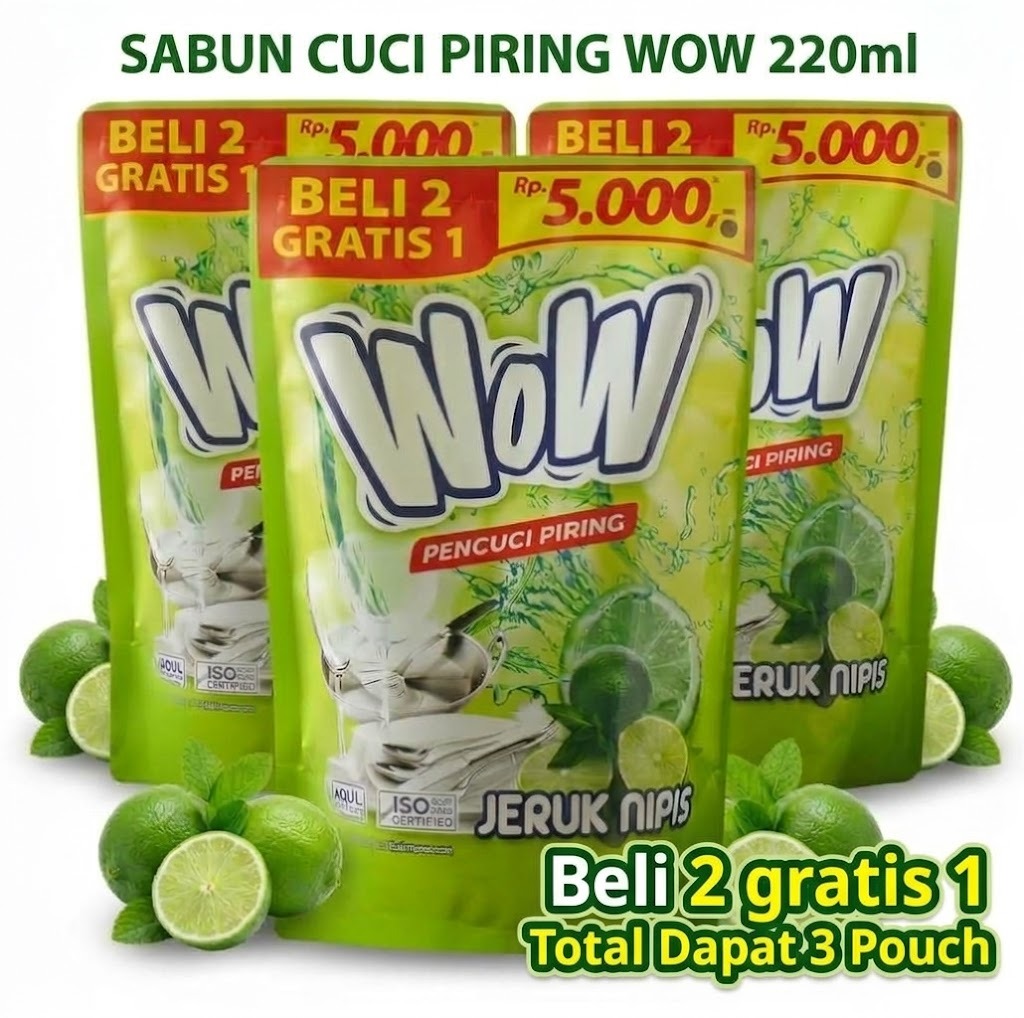 (Beli 2 Gratis 1) WOW Dishwash Liquid 220ml (Sabun Cuci Piring)
