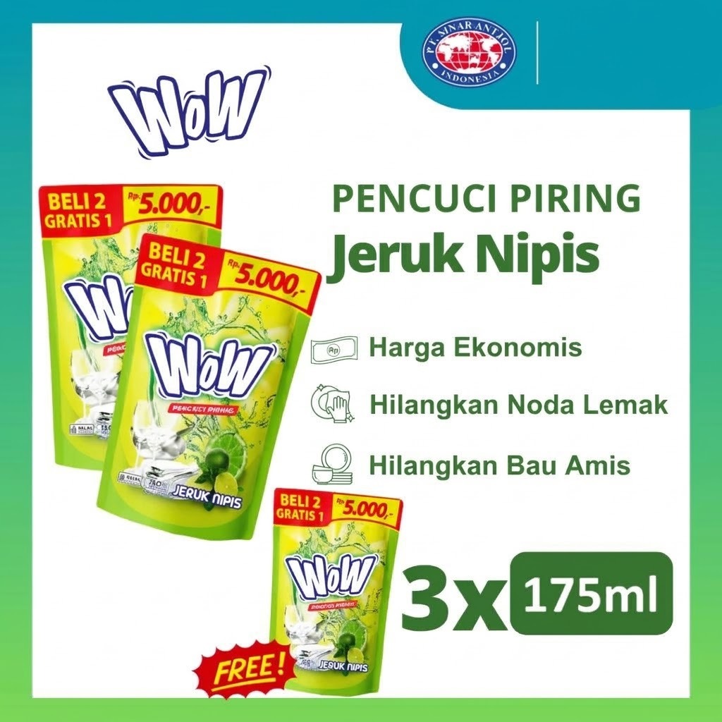 (Beli 2 Gratis 1) WOW Dishwash Liquid 175ml (Sabun Cuci Piring)