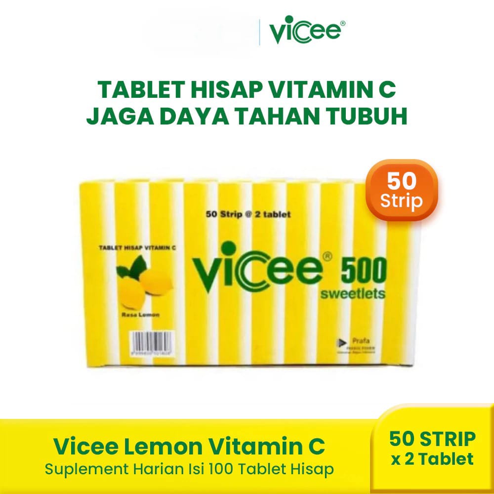 (PAKET 1 Box Isi 50 Strip) Vicee 500 Sweetlets Tablet Hisap Vitamin C - Rasa Lemon
