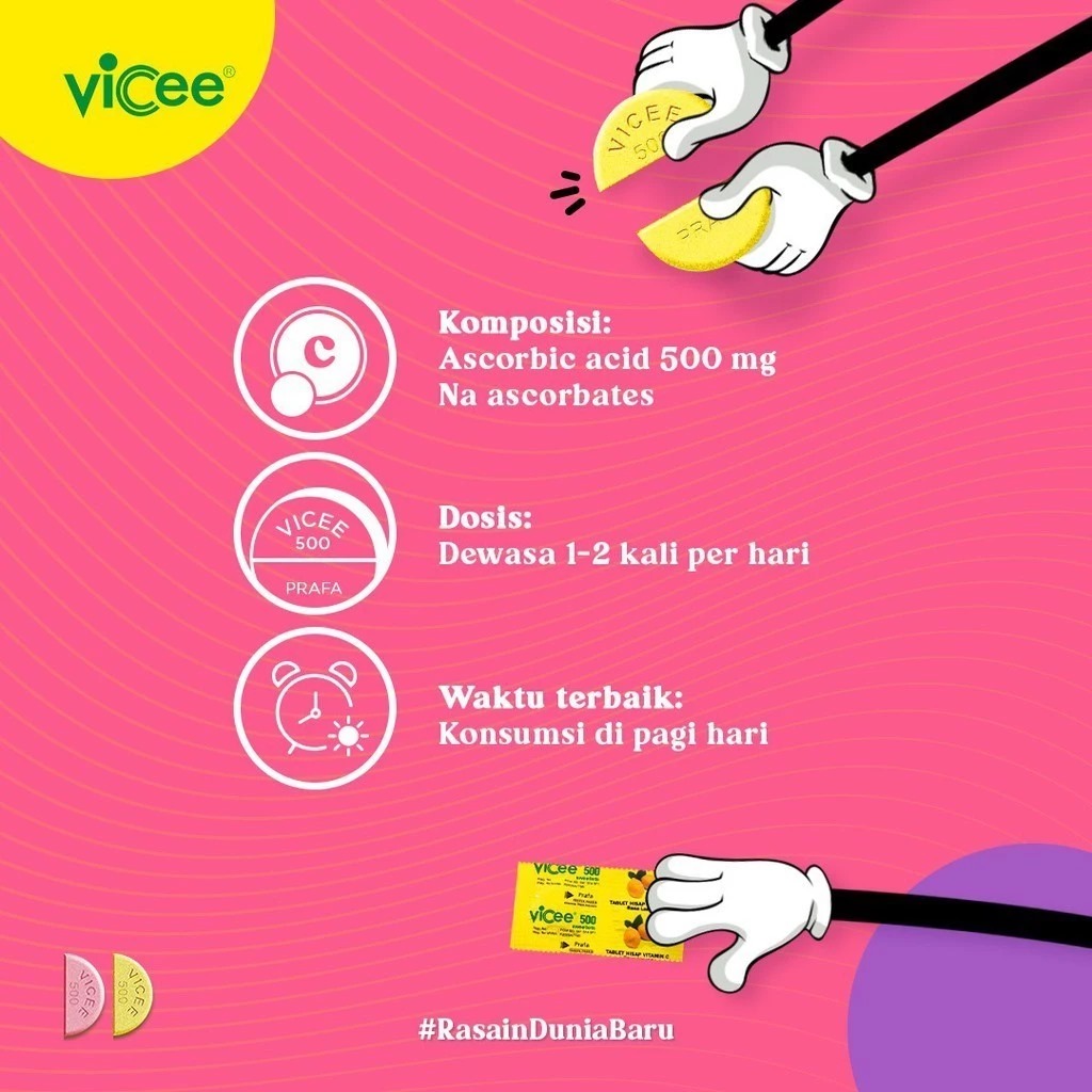 (PAKET 1 Box Isi 50 Strip) Vicee 500 Sweetlets Tablet Hisap Vitamin C - Rasa Lemon