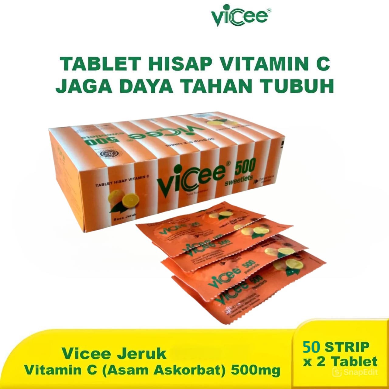 (PAKET 1 Box Isi 50 Strip) Vicee 500 Sweetlets Tablet Hisap Vitamin C - Rasa Jeruk