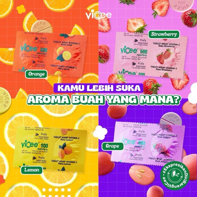 (PAKET 1 Box Isi 50 Strip) Vicee 500 Sweetlets Tablet Hisap Vitamin C - Rasa Jeruk
