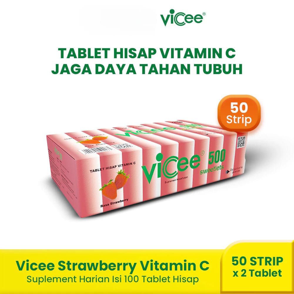 (PAKET 1 Box Isi 50 Strip) Vicee 500 Sweetlets Tablet Hisap Vitamin C - Rasa Strawberry