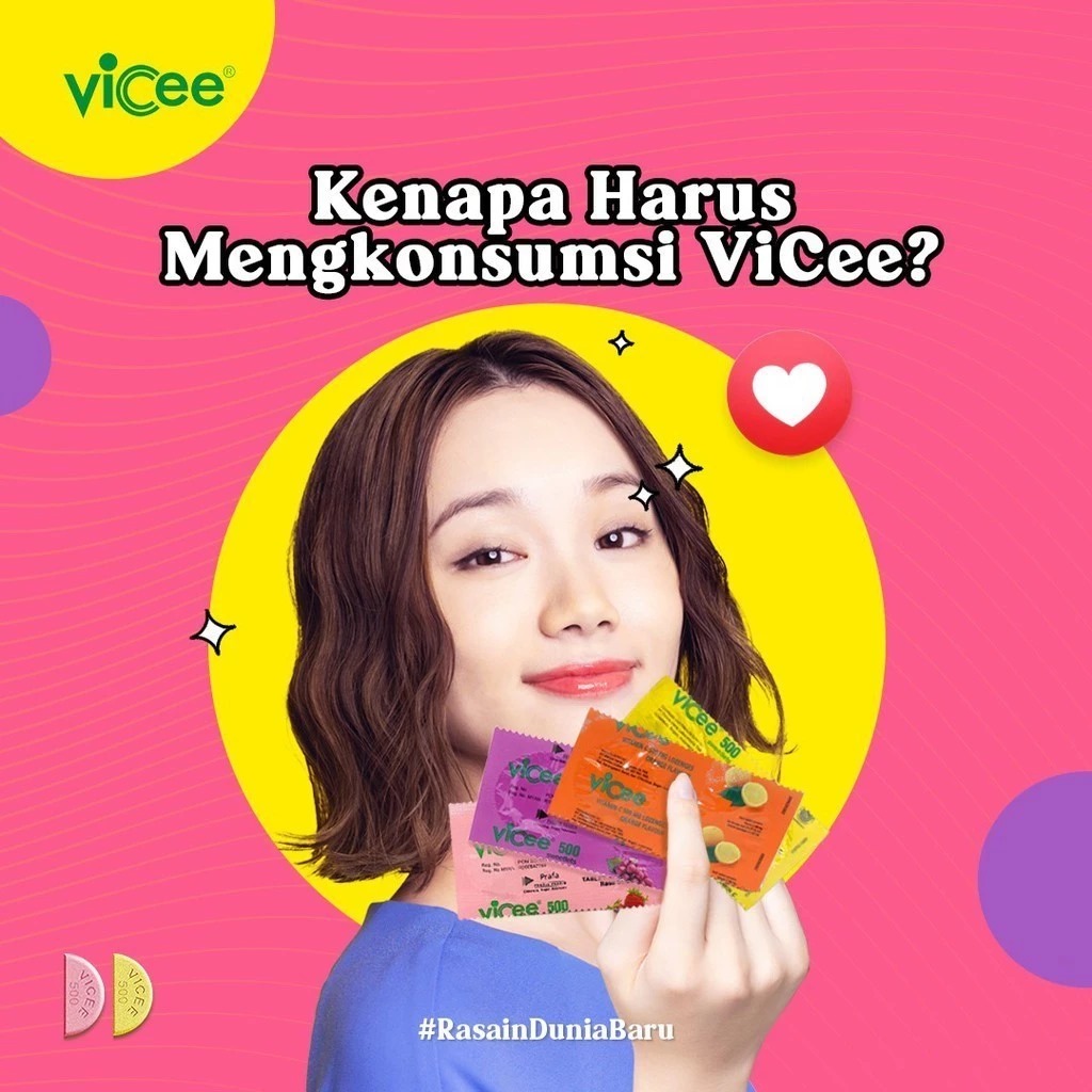 (PAKET 1 Box Isi 50 Strip) Vicee 500 Sweetlets Tablet Hisap Vitamin C - Rasa Strawberry
