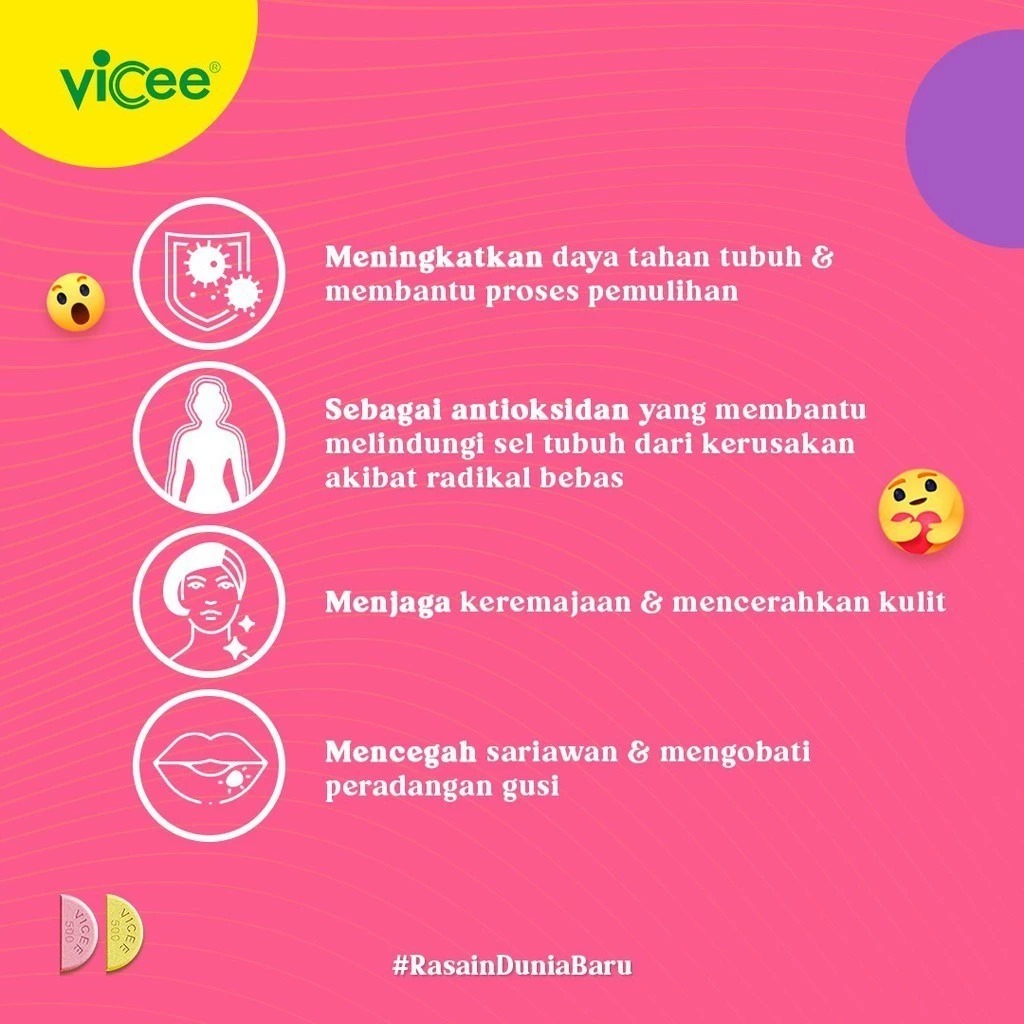 (PAKET 1 Box Isi 50 Strip) Vicee 500 Sweetlets Tablet Hisap Vitamin C - Rasa Strawberry