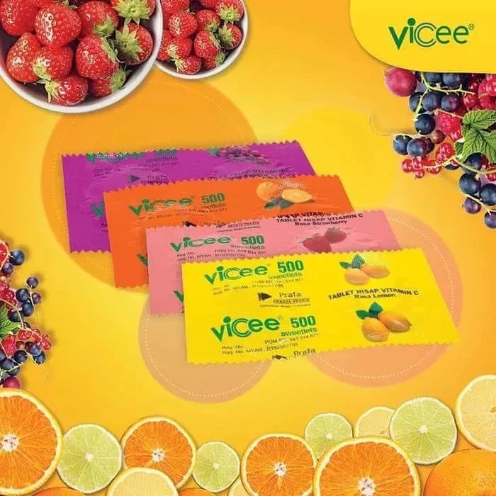 (PAKET 1 Box Isi 50 Strip) Vicee 500 Sweetlets Tablet Hisap Vitamin C - Rasa Strawberry