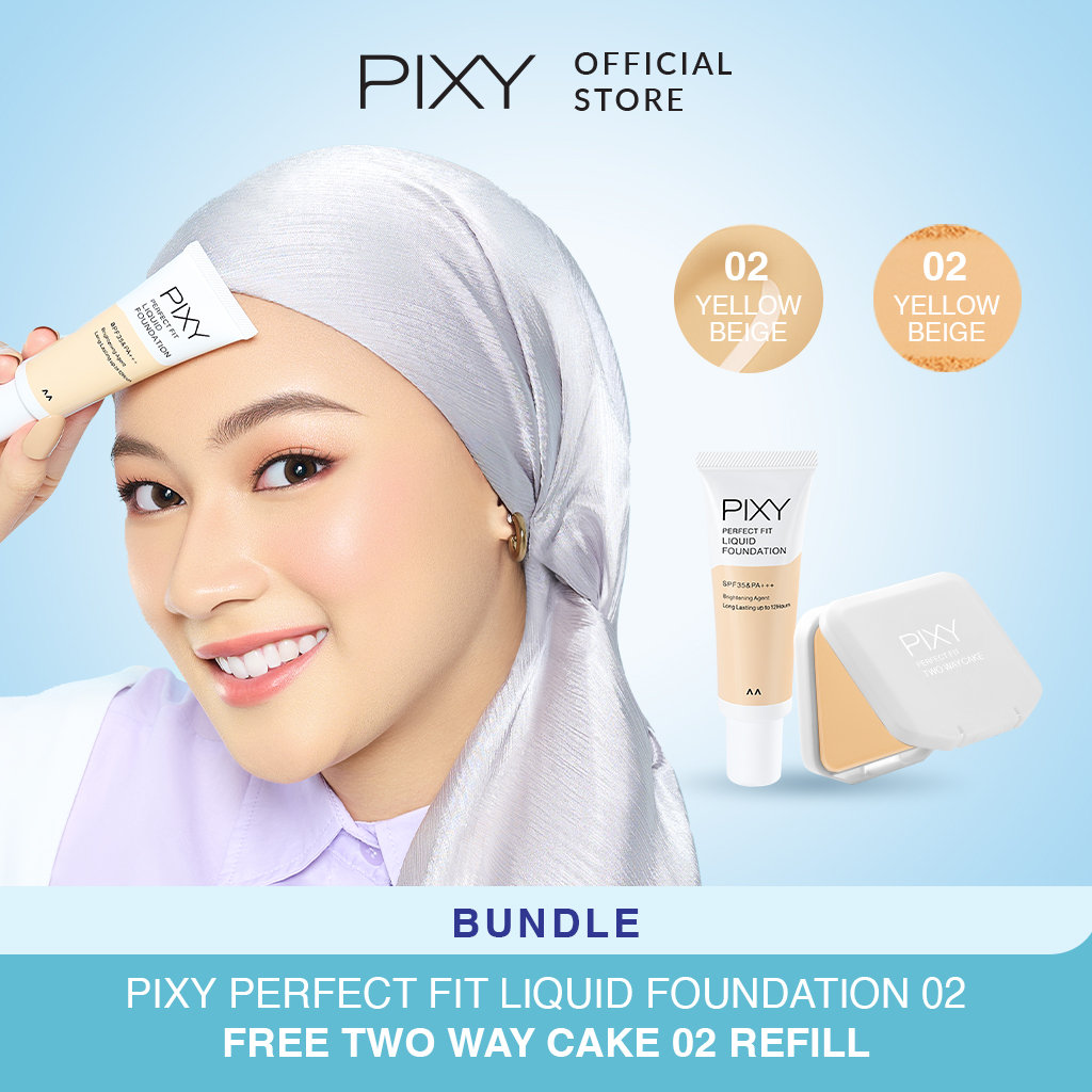 Pixy (Buy1 Free1) Perfect Fit Liquid Foundation 02 Yellow Beige + Two Way Cake Refill 02 Yellow Beige