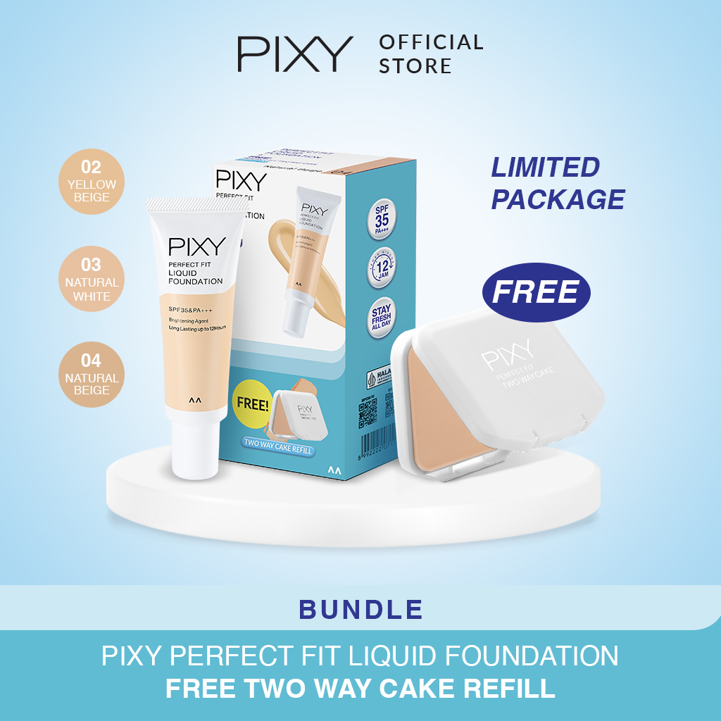Pixy (Buy1 Free1) Perfect Fit Liquid Foundation 02 Yellow Beige + Two Way Cake Refill 02 Yellow Beige