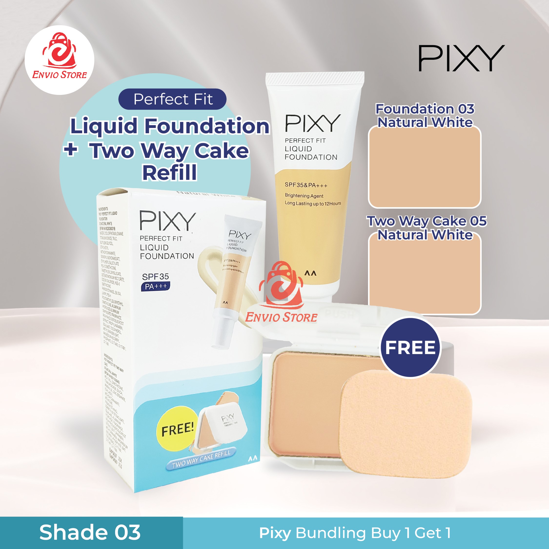Pixy (Buy1 Free1) Perfect Fit Liquid Foundation 03 Natural White + Two Way Cake Refill 05 Natural White