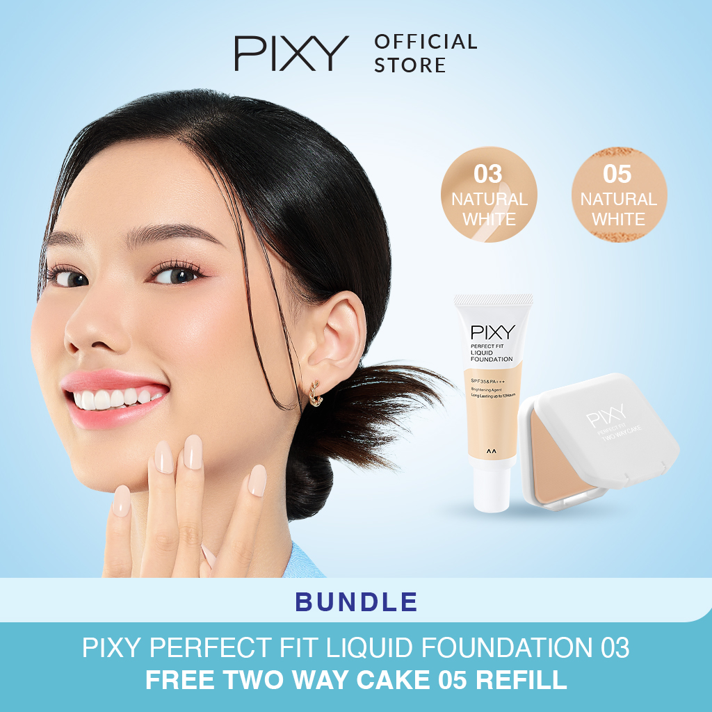 Pixy (Buy1 Free1) Perfect Fit Liquid Foundation 03 Natural White + Two Way Cake Refill 05 Natural White