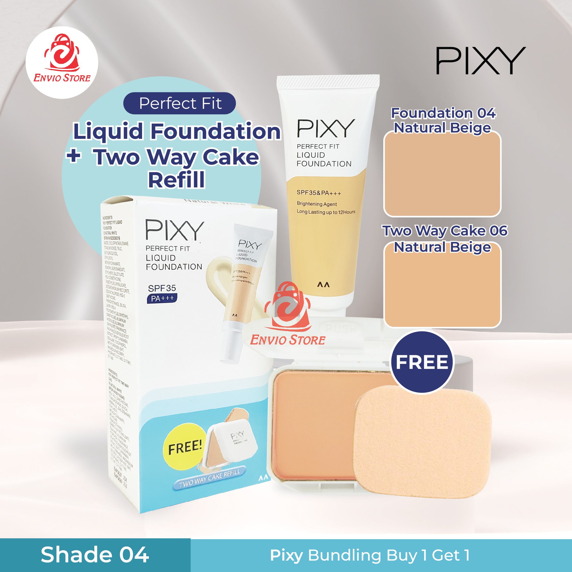 Pixy (Buy1 Free1) Perfect Fit Liquid Foundation 04 Natural Beige + Two Way Cake Refill 06 Natural Beige*